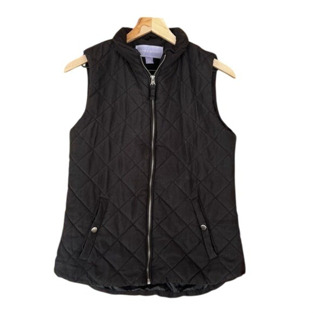 Laura Scott Black Quilted Vest Women's Medium Full Zip Pockets